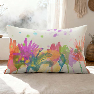 Coussin Rectangle Colorful Watercolor Flowers on Off-white