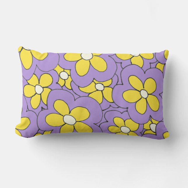 Coussin Rectangle Conception à la main de fleurs violettes et jaunes (Recto)