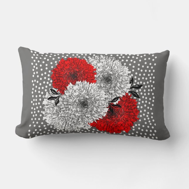 Coussin Rectangle Conception De Mélange De Polka Florale Gris Rouge  (Recto)
