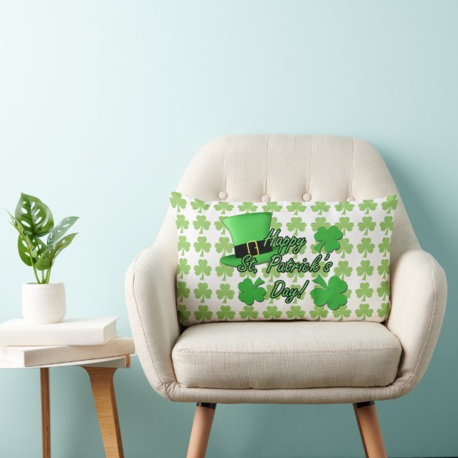 Coussin Rectangle Cool fun Green top hat Shamrocks Patrick Day white (Chaise)