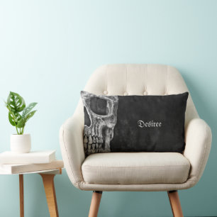 Coussin Rectangle Cool Gothique Moitié Crâne Noir et Blanc Grunge