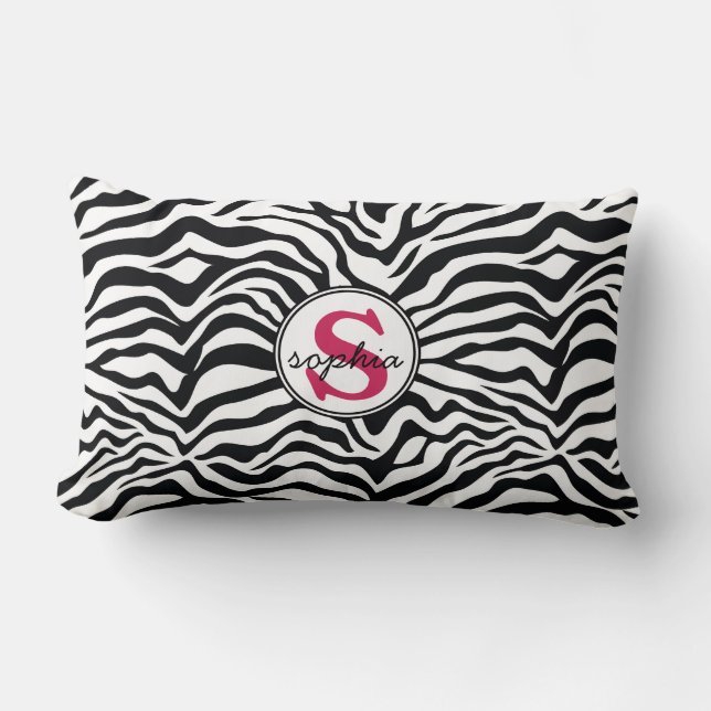 Coussin Rectangle Copie de zèbre de mod avec le monogramme rose (Recto)