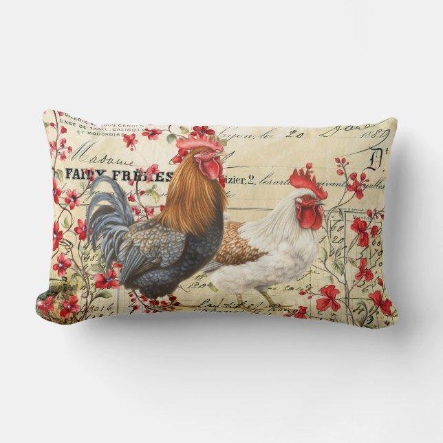 Coussin Rectangle Coq vintage et Hen Ephemera (Recto)