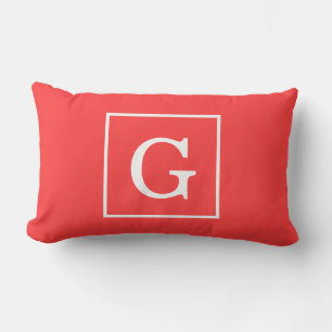 Coussin Rectangle Corail rouge blanc encadré Monogramme initial