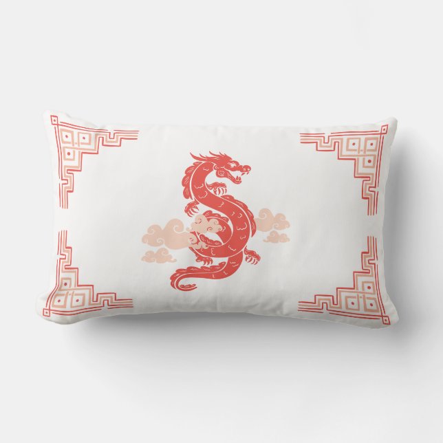 Coussin Rectangle Coral Peach Chinoiserie Dragon et Nuages (Recto)