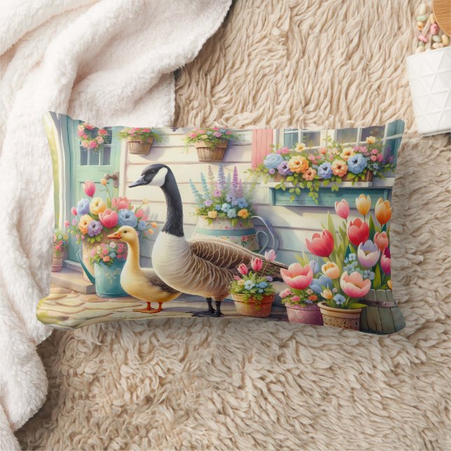 Coussin Rectangle Cottage Garden Geese Spring Illustration (Couverture)