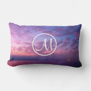 Coussin Rectangle Coucher de soleil rose violet océan photo monogram