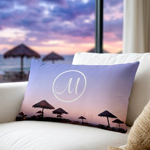 Coussin Rectangle Coucher de soleil sur la plage violet photo monogr