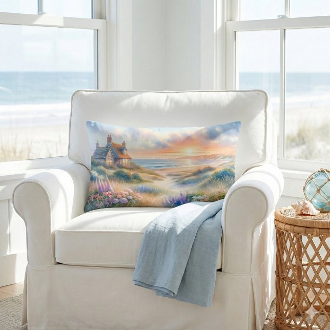 Coussin Rectangle Coucher de soleil sur les dunes de la maisonnette  (Coastal Cottage Sunset Dunes Watercolor Lumbar Pillow)