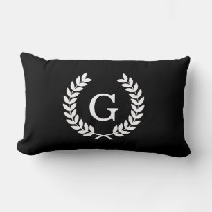 Coussin Rectangle Couronne de laurier en blé noir et blanc monogramm