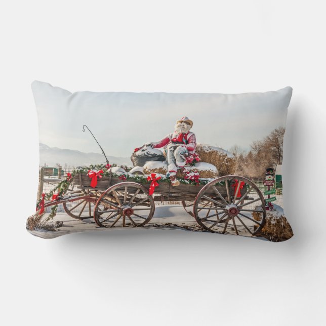 Coussin Rectangle Cowboy Père Noël - Wagon avec Hay Bales (Recto)