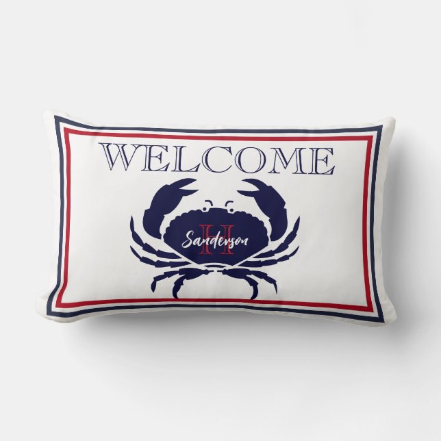Coussin Rectangle crabe blanc bleu marine monogrammé (Recto)