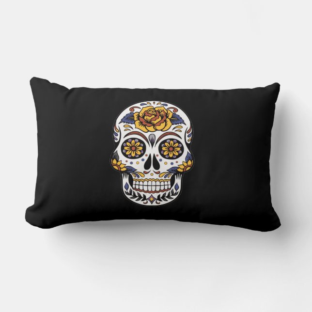 Coussin Rectangle Crâne à sucre rose jaune sur noir (Recto)
