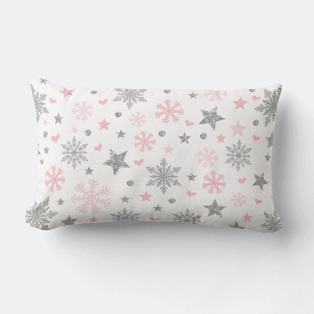 Coussin Rectangle Crèche argentée rose de bébé de flocon de neige (Recto)