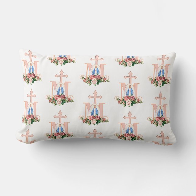 Coussin Rectangle Croix religieuse florale de la Vierge catholique (Recto)