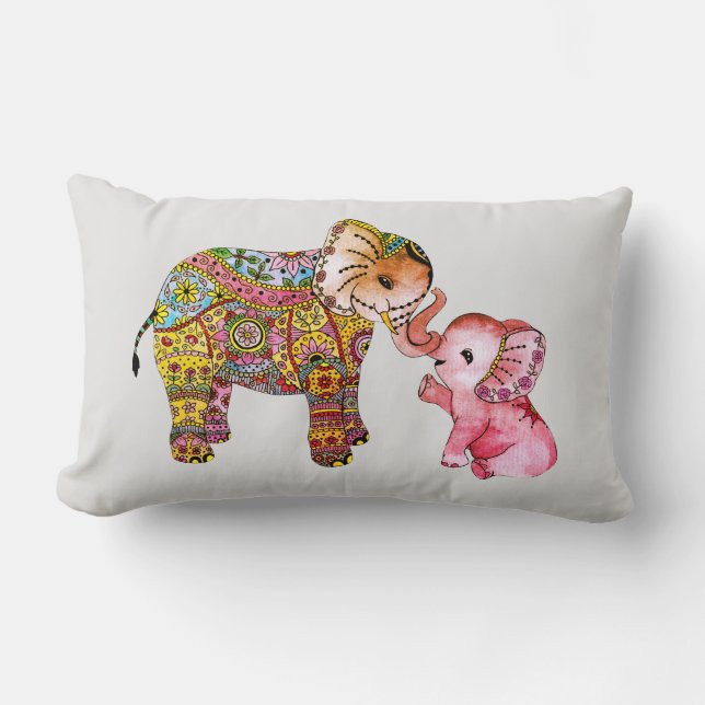 Coussin Rectangle Cute Boho Aquarelle Mère et bébé Eléphant Art (Recto)