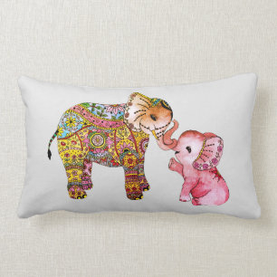 Coussin Rectangle Cute Boho Aquarelle Mère et bébé Eléphant Art