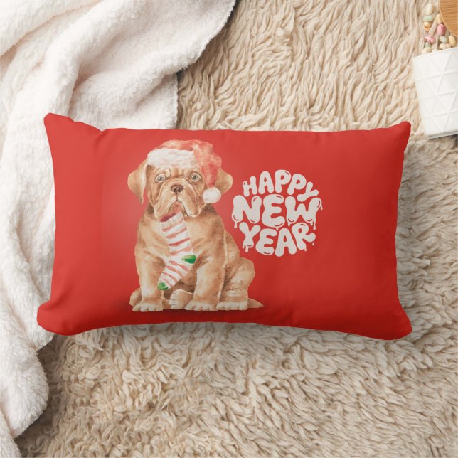 Coussin Rectangle Cute Christmas Dog Pillow – Happy New Year Red (Couverture)
