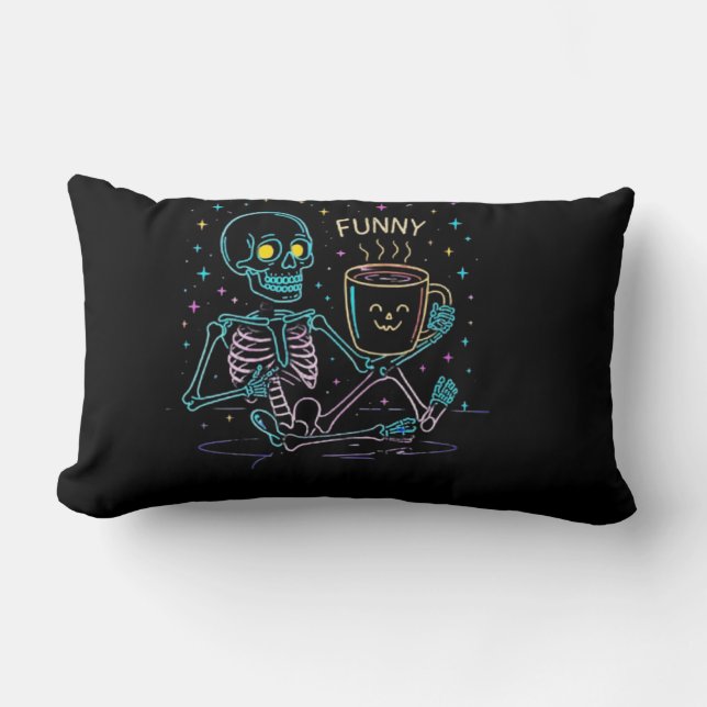 Coussin Rectangle Cute Neon Skeleton Drinking Coffee – Funny Pastel  (Recto)