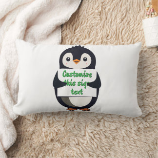 Coussin Rectangle Cute penguin holding a sign for personalized text