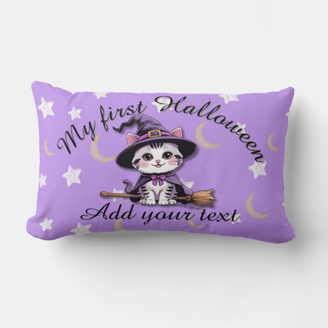 Coussin Rectangle Cute Witch Kitten – Pastel Halloween Lumbar Pillow (Recto)