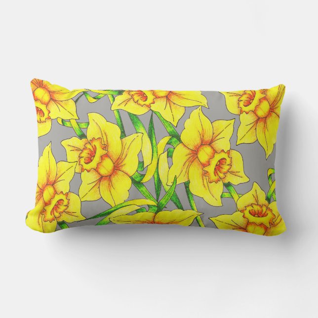 Coussin Rectangle Daffodiques de printemps doré et gris | Monogramme (Recto)