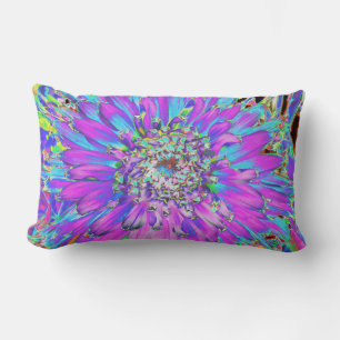 Coussin Rectangle Dahlia Abstrait Psychédélique Aqua, Vert Citron et