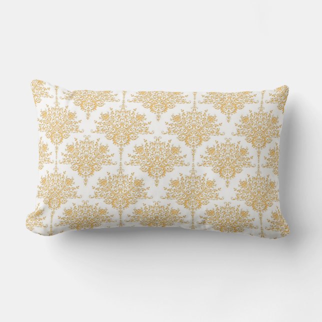 Coussin Rectangle Damas florales en or jaune et blanc (Recto)