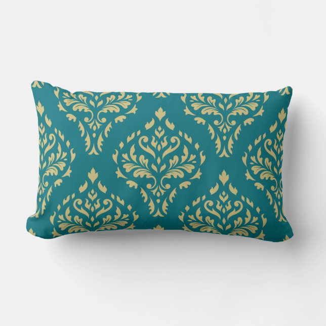 Coussin Rectangle Damask Leafy Motif baroque Turquoise & Or I (Recto)