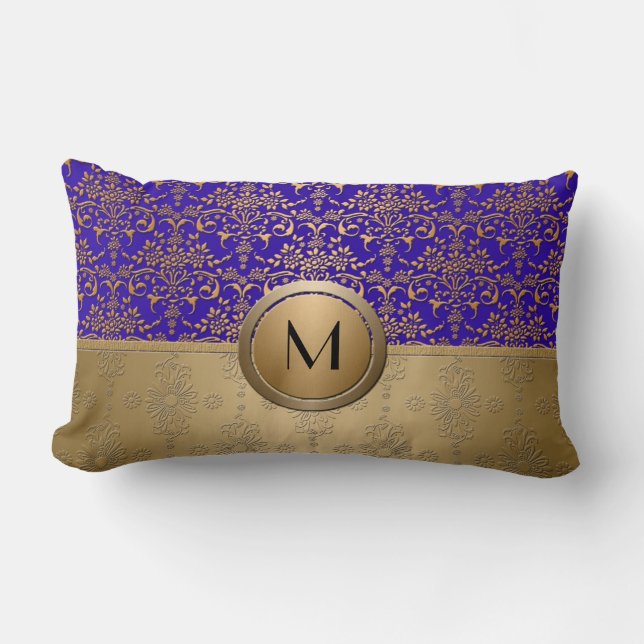 Coussin Rectangle Damassé à monogramme bleu royal et or (Recto)