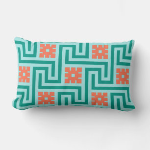 Coussin Rectangle Déco clé grecque, turquoise, aqua et corail