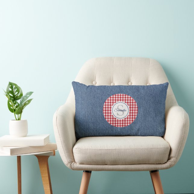 Coussin Rectangle Dénim Bleu, Accent Plaid Rouge et Blanc (Chaise)