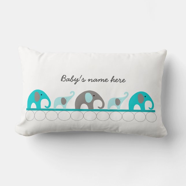 Coussin Rectangle Des éléphants turquoise en défilé + nom du bébé (Recto)