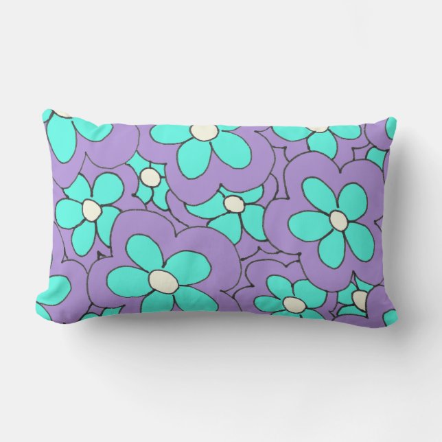 Coussin Rectangle Design de fleurs bleu et violet dessiné à la main (Recto)