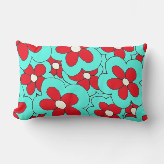 Coussin Rectangle Design de fleurs rouge et bleu dessiné à la main (Recto)