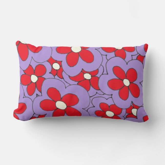 Coussin Rectangle Design de fleurs rouge et violette dessinées à la  (Recto)