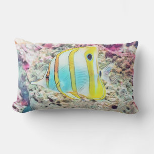 Coussin Rectangle Dessin vintage de poisson jaune bleu en mer