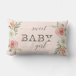 Coussin Rectangle Douce Petite Fille   Aquarelle Fleurs Roses et Bla
