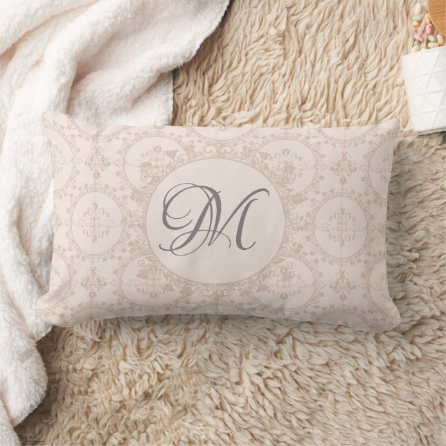 Coussin Rectangle Douce Rose Féminin Damassé Initiale Personnalisé (Couverture)