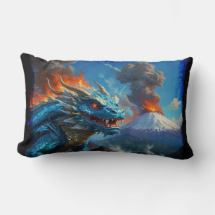 Coussin Rectangle Dragon bleu chinois et volcan