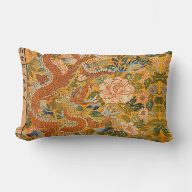 Coussin Rectangle DRAGON PARMI LES PÉONIES, FLEURS, Floral FEUILLE V (Recto)