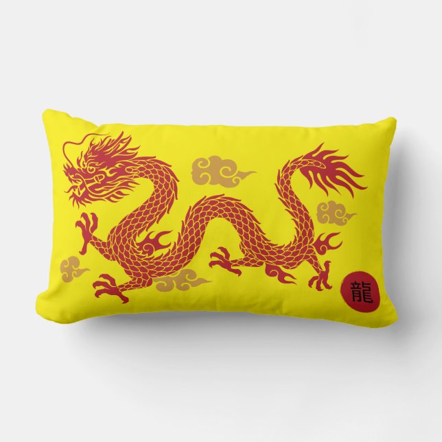 COUSSIN RECTANGLE DRAGON ROUGE AVEC NUAGES D'OR (Recto)