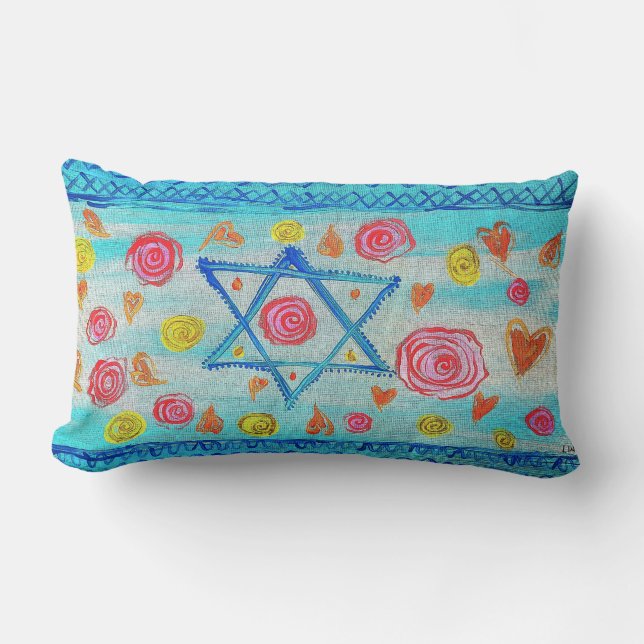 Coussin Rectangle Drapeau israélien lunaire avec fleurs & coeurs (Recto)