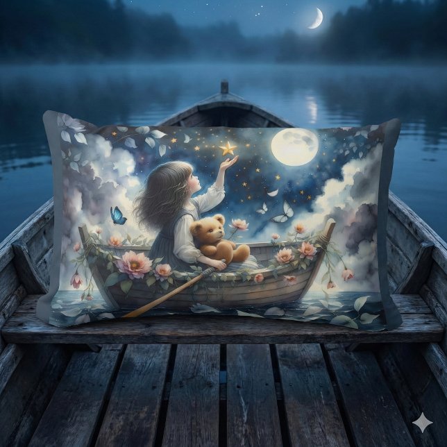 Coussin Rectangle Dreamy Girl Rowing Boat Moonlit Fantasy Scene (Dreamy Girl Rowing Boat Moonlit Fantasy Scene Lumbar Pillow Mockup C)