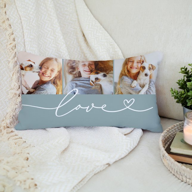 Coussin Rectangle Dusty Teal Love Heart Script 3 Photo (Créateur téléchargé)