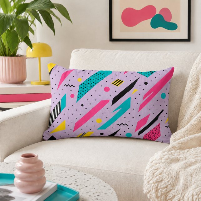 Coussin Rectangle Electric Memphis Traits Rétro Rose Sarcelle Géomét (Créateur téléchargé)
