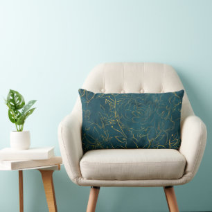 Coussin Rectangle Elégant bleu foncé Turquoise Aquarelle or huile fl