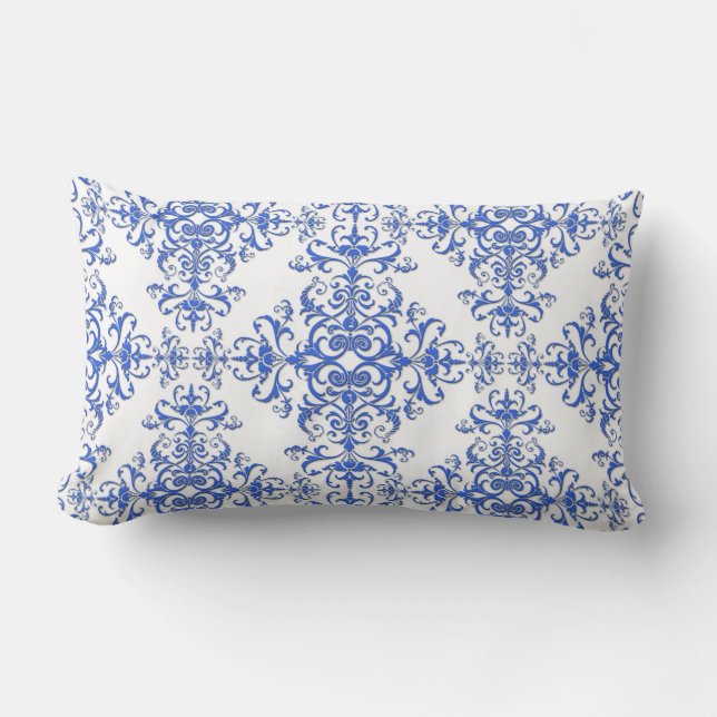 Coussin Rectangle Elégant Cobalt bleu et blanc Floral Style Damask (Recto)