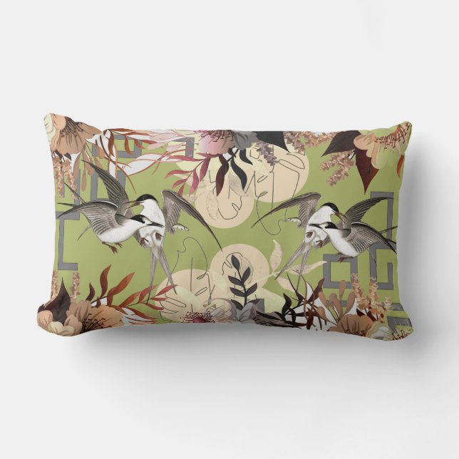 Coussin Rectangle Élégant floral, oiseaux Géométrie sur vert olive (Recto)