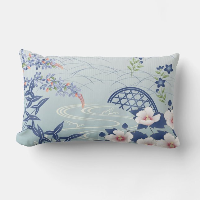 Coussin Rectangle Elégant Jardin Fleur Japonais Bleu Clair (Recto)